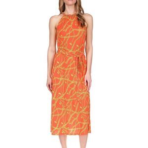 MK Dress Chain Neck NEW With TAGS Chain Print Slit Side Slinky Long Gold Size XS